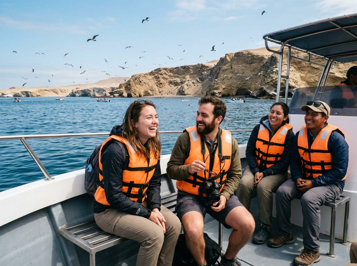 Turistas en lancha a Islas Ballestas y Paracas
